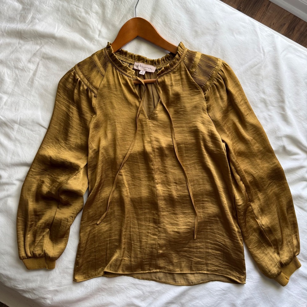 Philosophy Republic Clothing Gold Satin Ruffle Tie Blouse Womens S Date Night